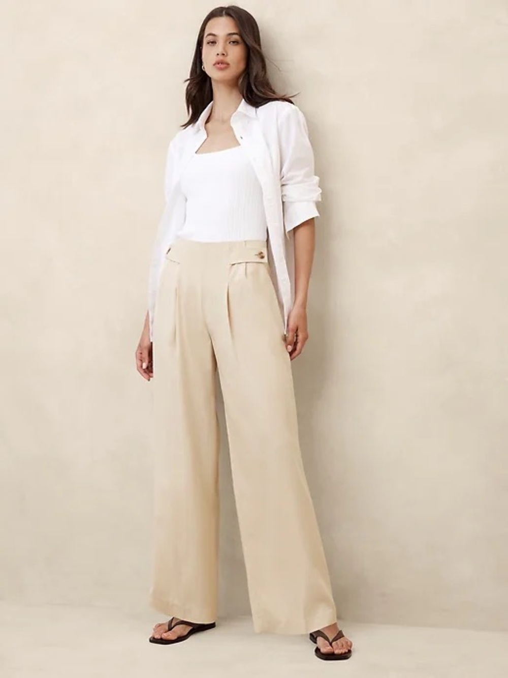 NWT Banana Republic Pleated Tencel Wide Leg Front Button Trousers Oyster Pearl